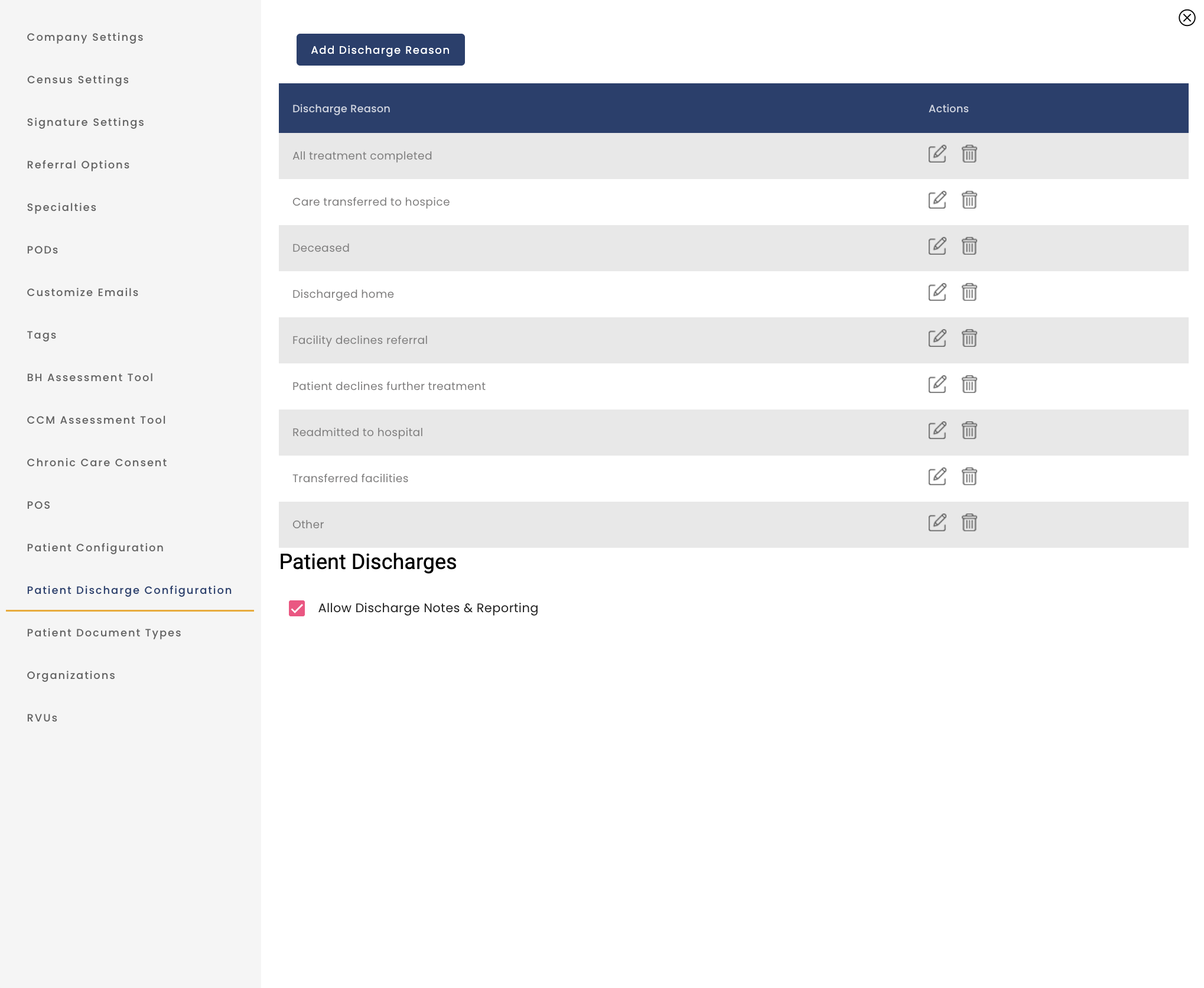 Patient Discharge Configuration – DocNow
