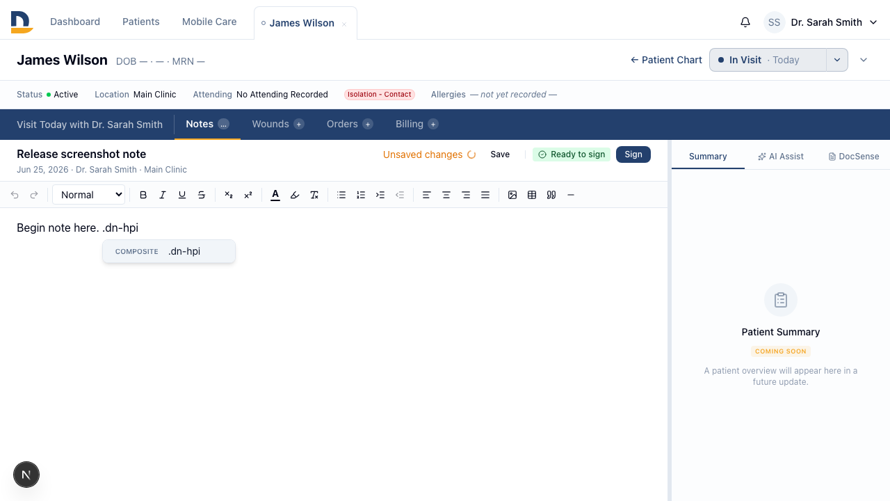 Typing a dot phrase prefix shows a list of pre-built section headers — select one to insert a formatted heading in a single keystroke
