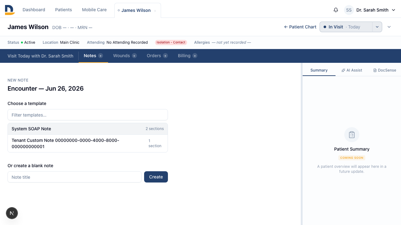 The DocSense voice documentation tab appears only for providers enabled by an administrator — granular access control without any app restart