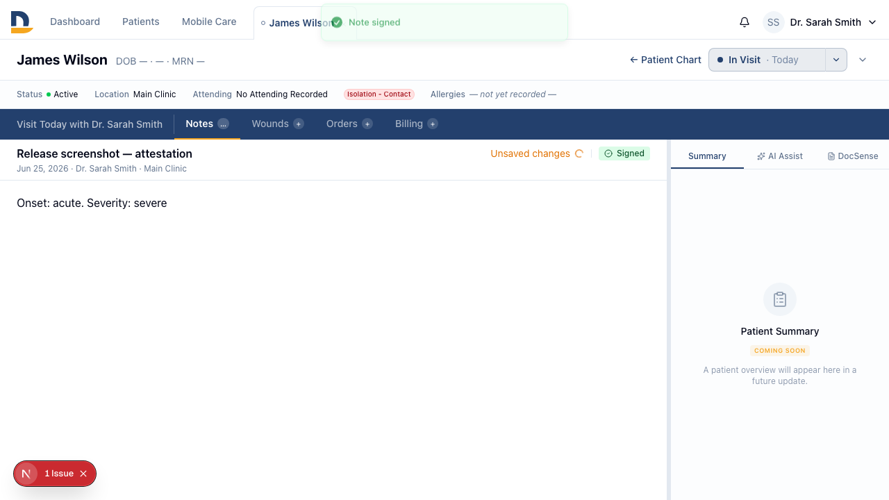 After signing, the attestation block shows the provider's name, credential, and exact timestamp — documentation and compliance requirements fulfilled automatically