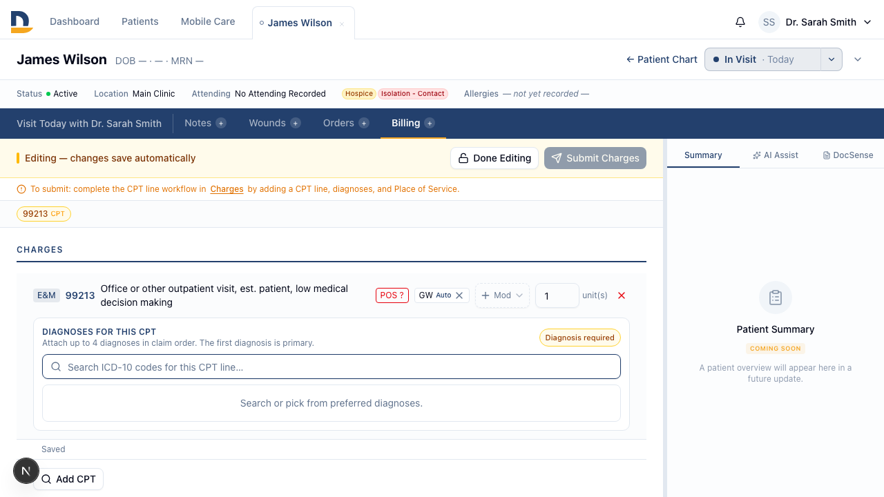 Adding a CPT charge when a Hospice flag is active — the GW modifier appears automatically with an 'Auto' provenance badge, no manual selection needed