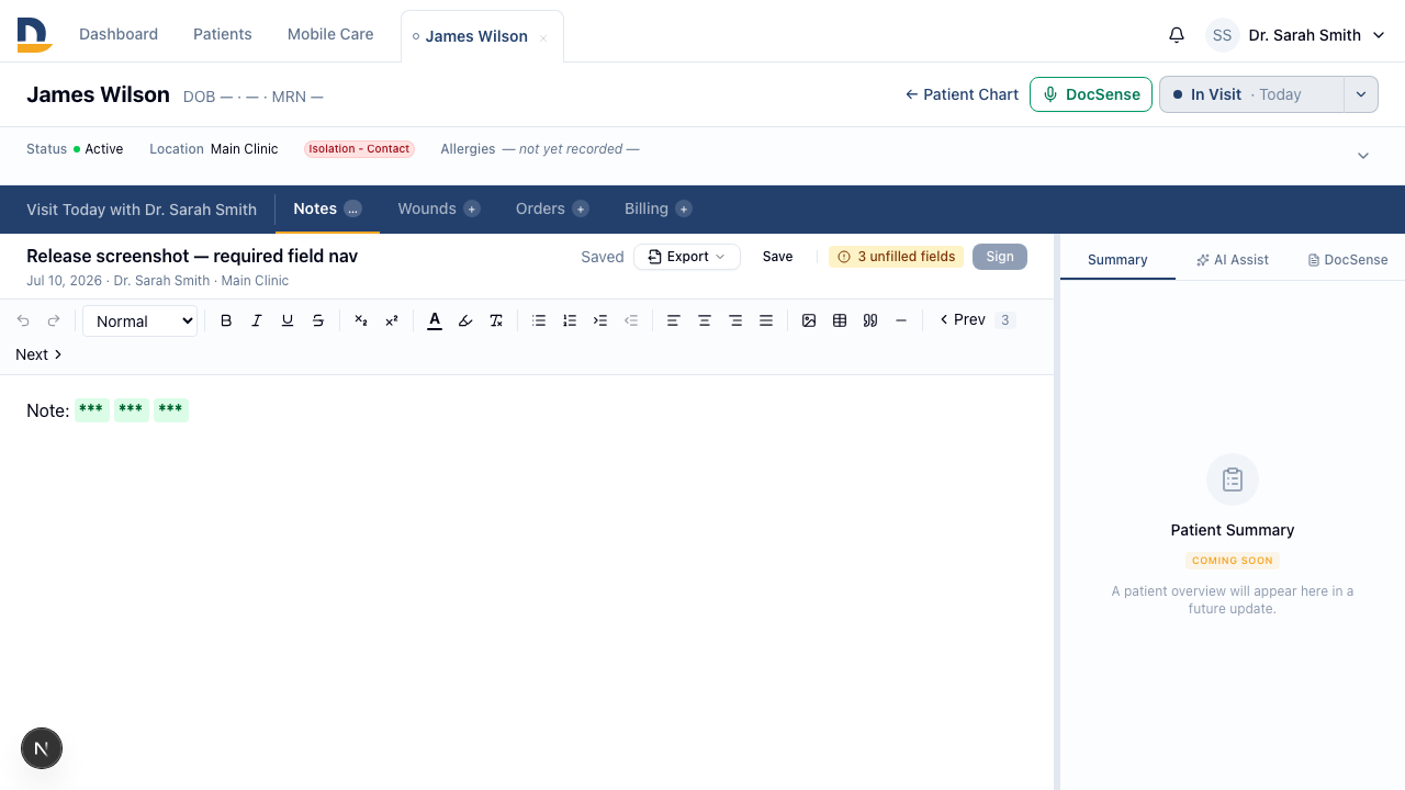 The note editor toolbar shows Prev / Next buttons and a live count of unfilled required fields — click through them without leaving the keyboard.