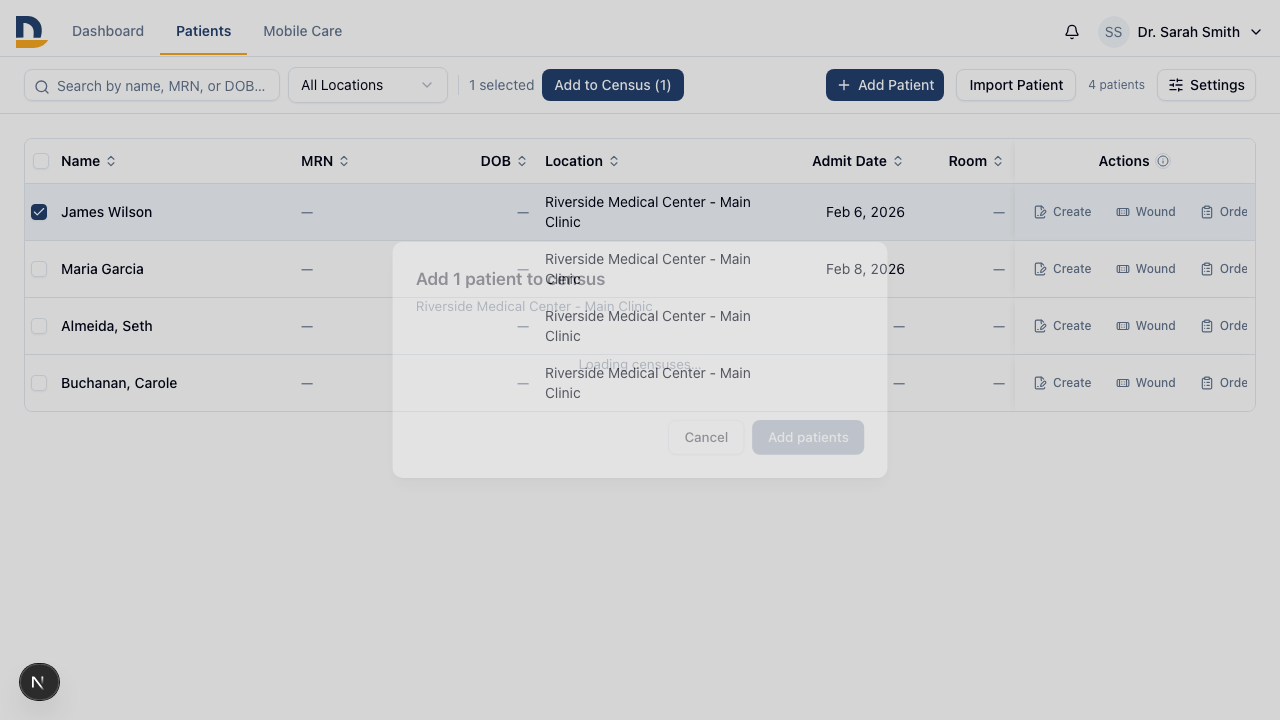 The Add to Census modal defaults to today's census and lets you pick or create a different one — no more guessing which census your patients landed on.