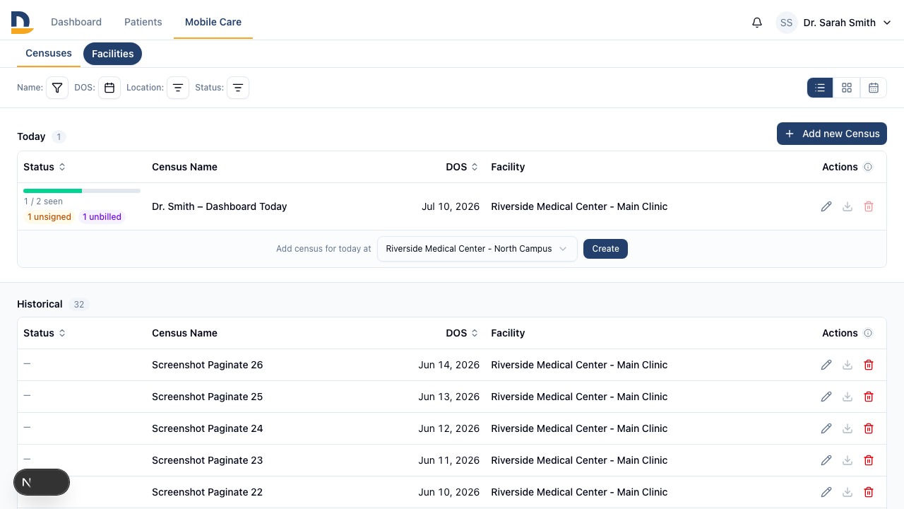The Historical section of the Censuses list shows one server-fetched page at a time, with pagination controls to move through older rounds without loading everything at once.