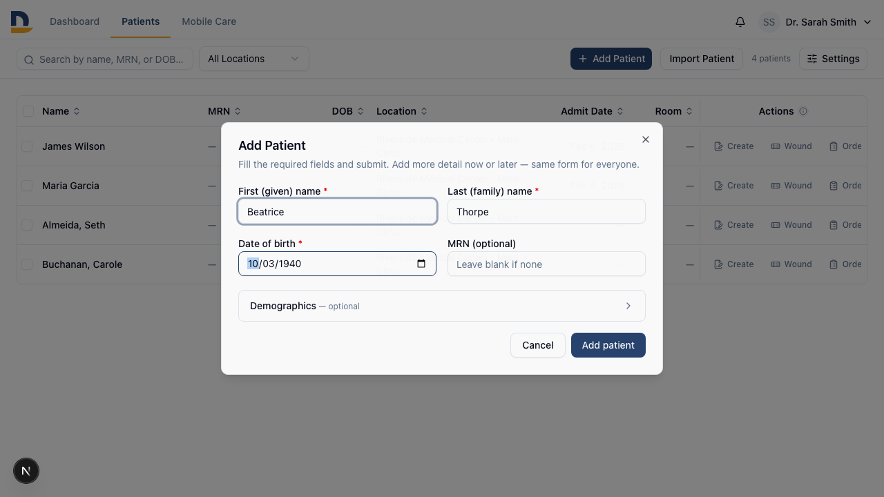 The Add Patient form lets you create a patient with just name and date of birth — the new patient appears in the list immediately and opens like any chart.