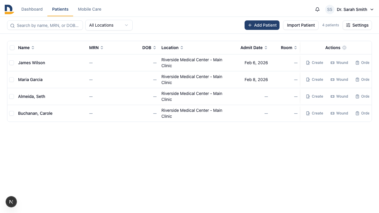 Each patient row shows today's documentation status on the Note, Wound, and Order buttons — a draft badge means work is in progress, a signed badge means it's done.