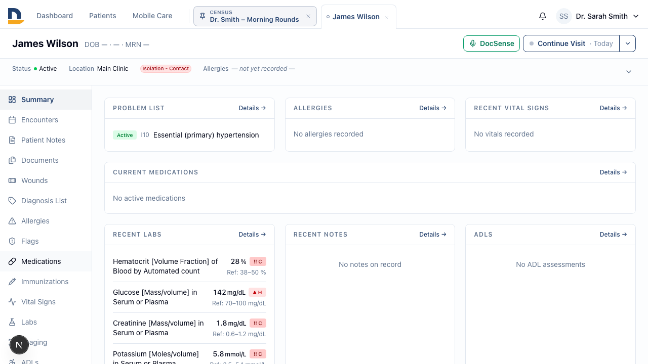 A persistent census tab sits in the nav bar while you work through patient charts — click it to jump back to your current round without losing your place.