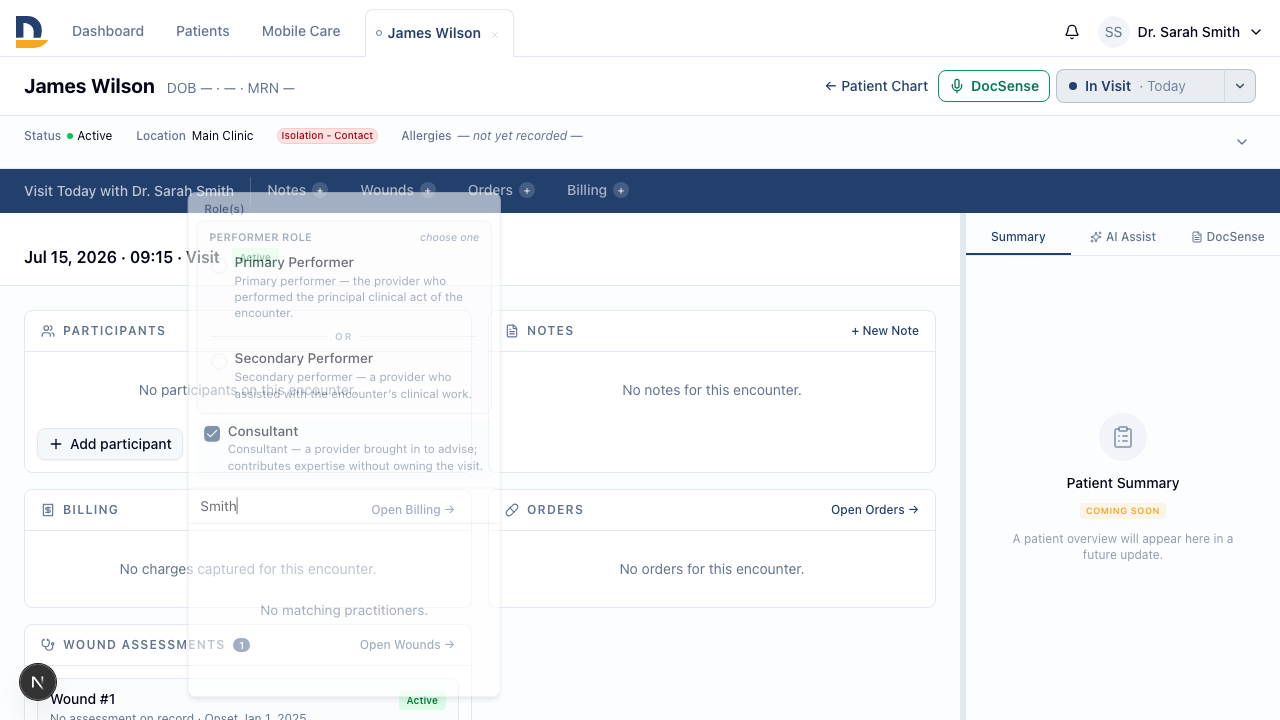 The Participants card on an encounter lets you add and manage co-billing practitioners with their roles — the attending is pre-populated automatically.