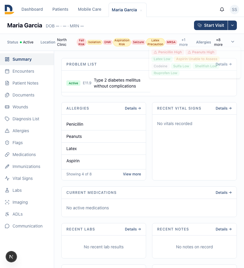 Hovering or clicking '+N more' in the patient banner expands hidden allergies or flags in a popover — no navigation required to see every item.