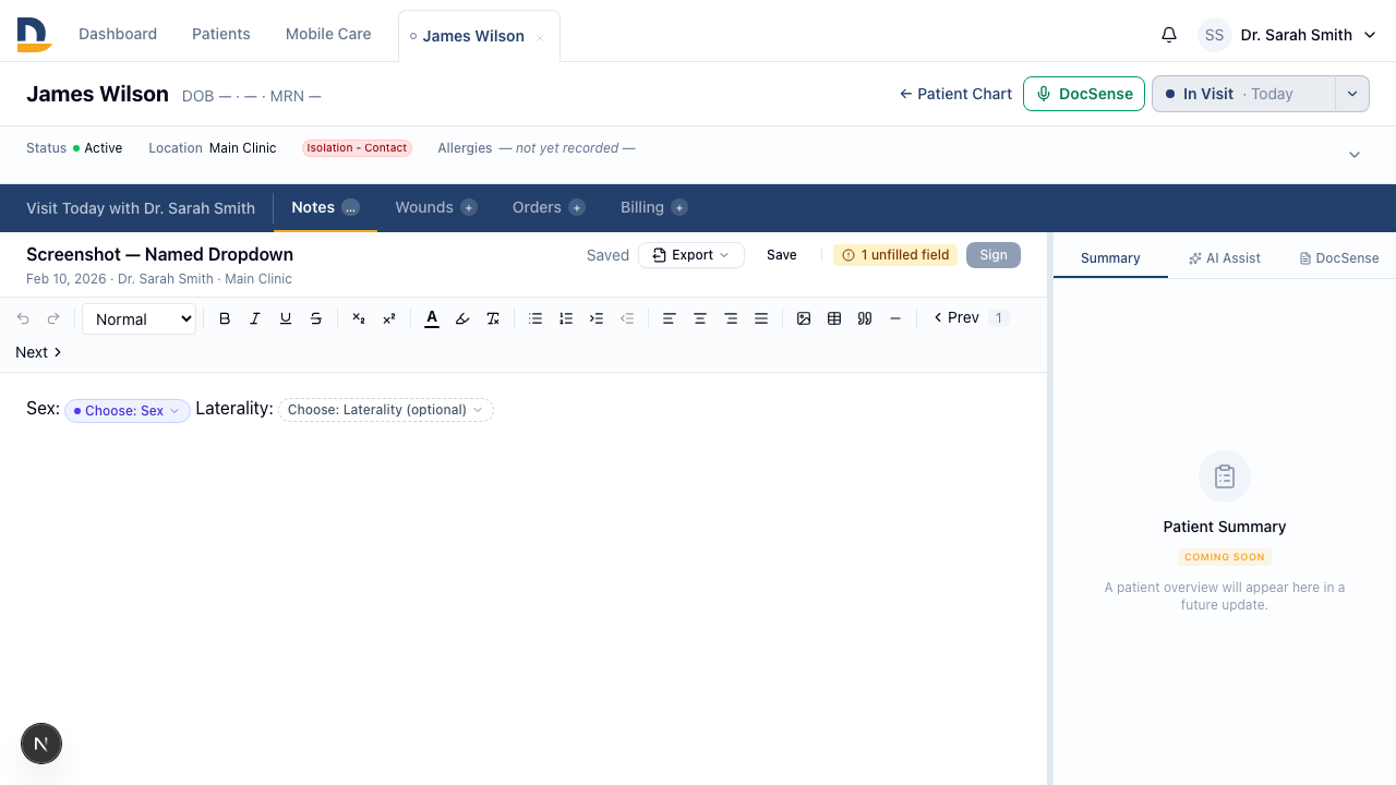 A named ad-hoc dropdown in the note shows 'Choose: Wound Location' before selection — providers can tell at a glance what they're filling in.