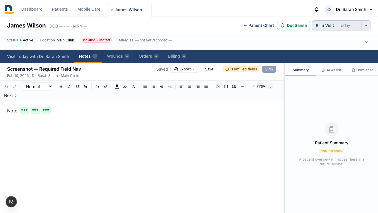 The note editor toolbar shows Prev / Next buttons and a live count of unfilled required fields — click through them without leaving the keyboard.