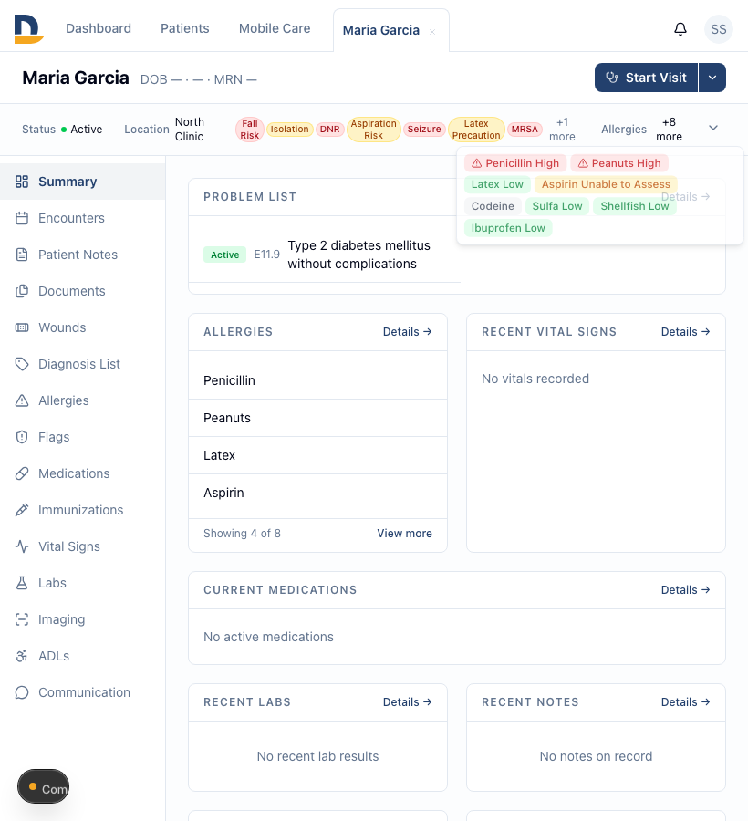 Hovering or clicking '+N more' in the patient banner expands hidden allergies or flags in a popover — no navigation required to see every item.