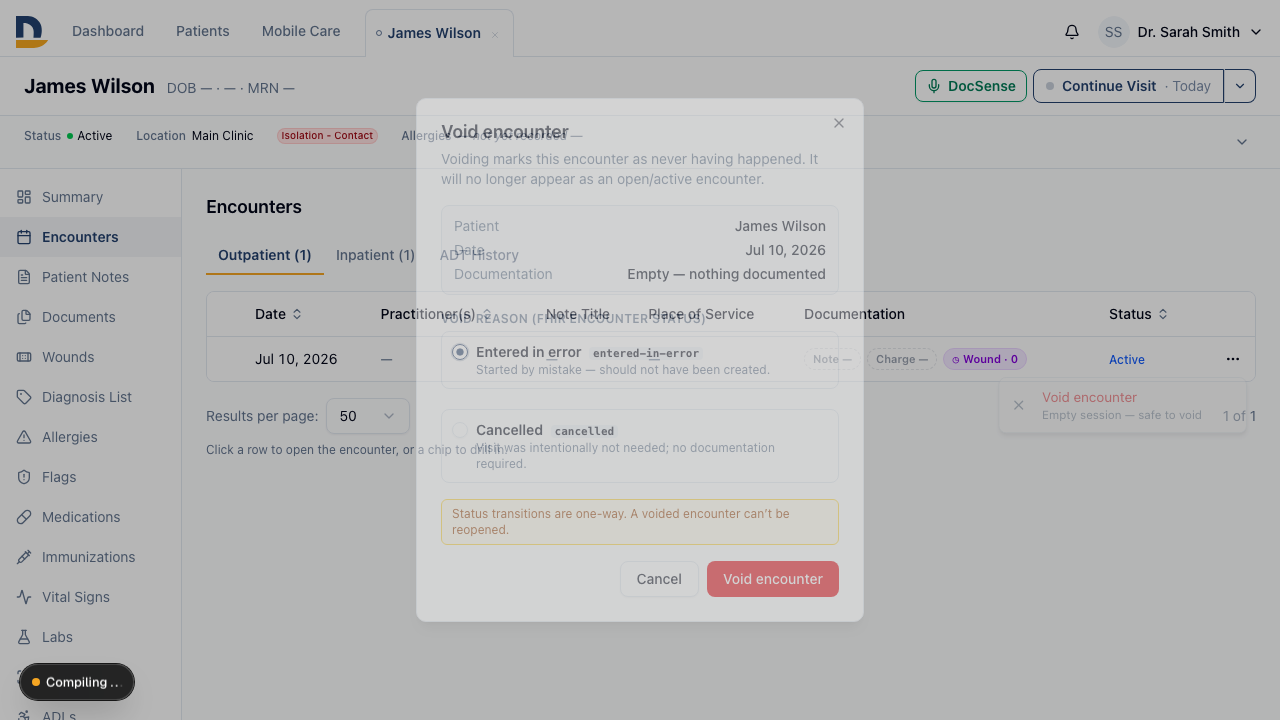 An empty or draft-only encounter can be voided from the Outpatient Encounters tab — it closes cleanly and drops off all open-work surfaces.