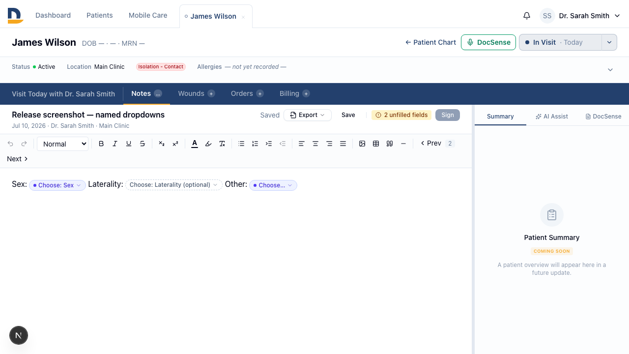 A named ad-hoc dropdown in the note shows 'Choose: Wound Location' before selection — providers can tell at a glance what they're filling in.
