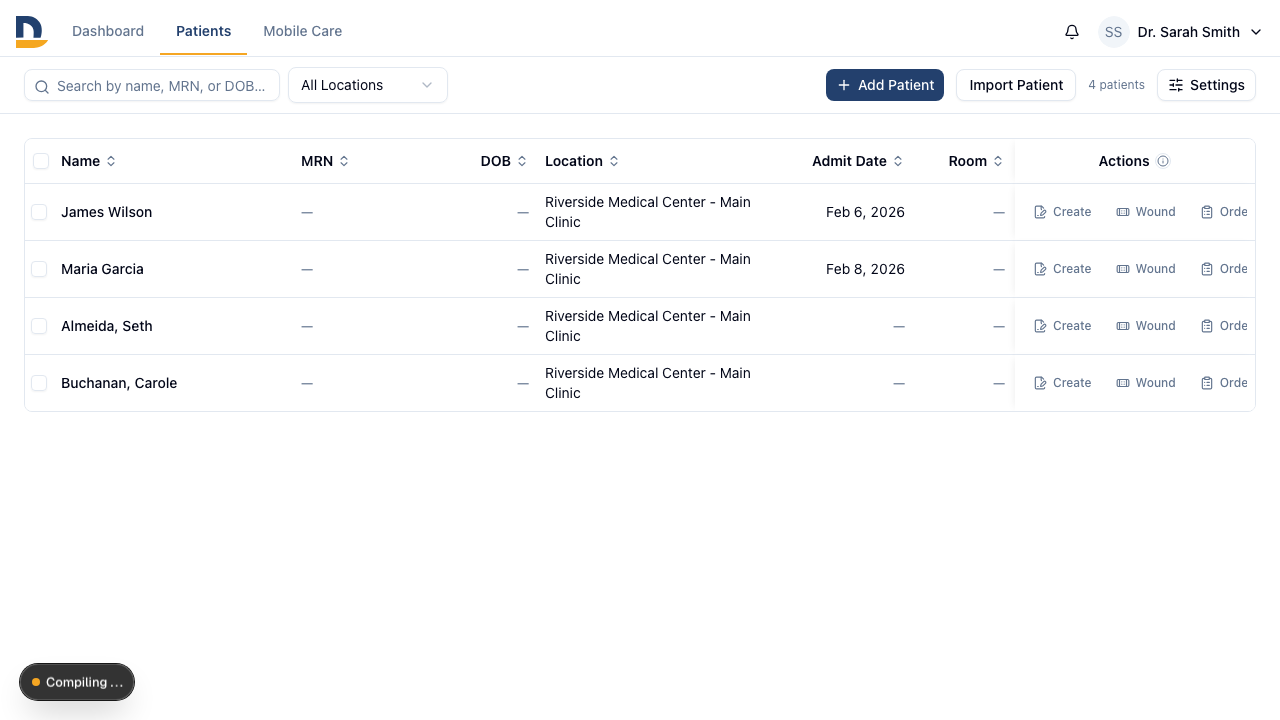 Each patient row shows today's documentation status on the Note, Wound, and Order buttons — a draft badge means work is in progress, a signed badge means it's done.