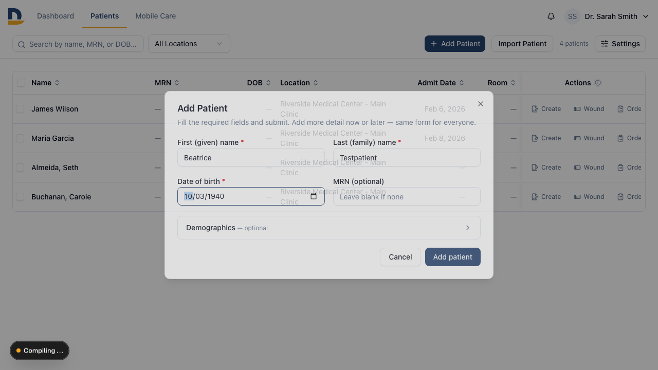 The Add Patient form lets you create a patient with just name and date of birth — the new patient appears in the list immediately and opens like any chart.