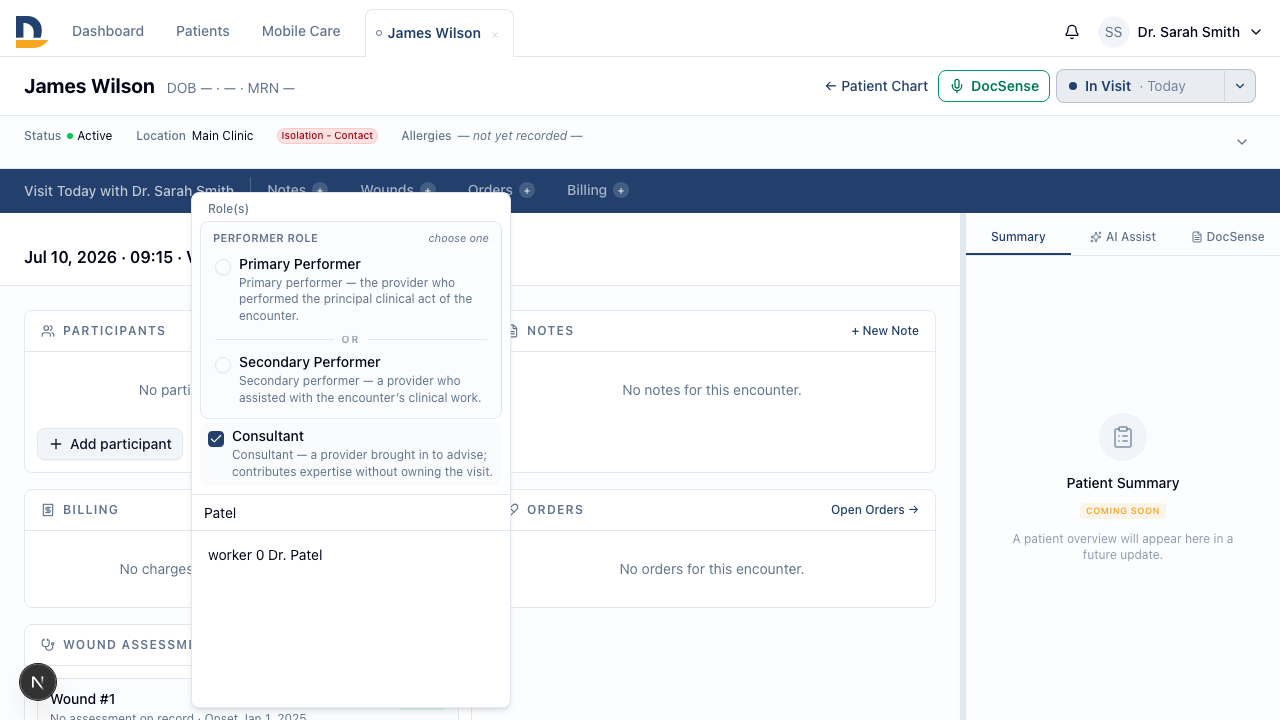 The Participants card on an encounter lets you add and manage co-billing practitioners with their roles — the attending is pre-populated automatically.
