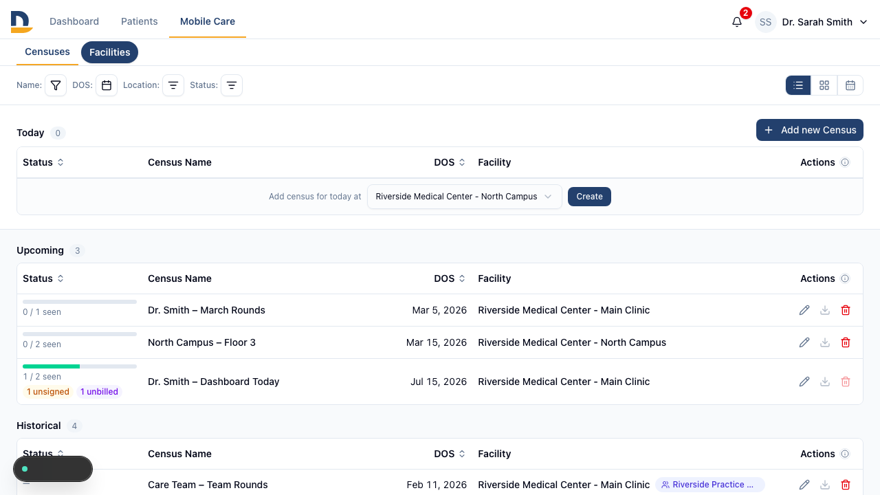 The census list organizes rounds into Today, Upcoming, and Historical sections.