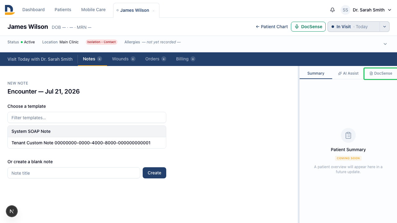 The notes page now shows a DocSense tab alongside the Summary tab. It appears only for providers with DocSense enabled — no extra navigation required.