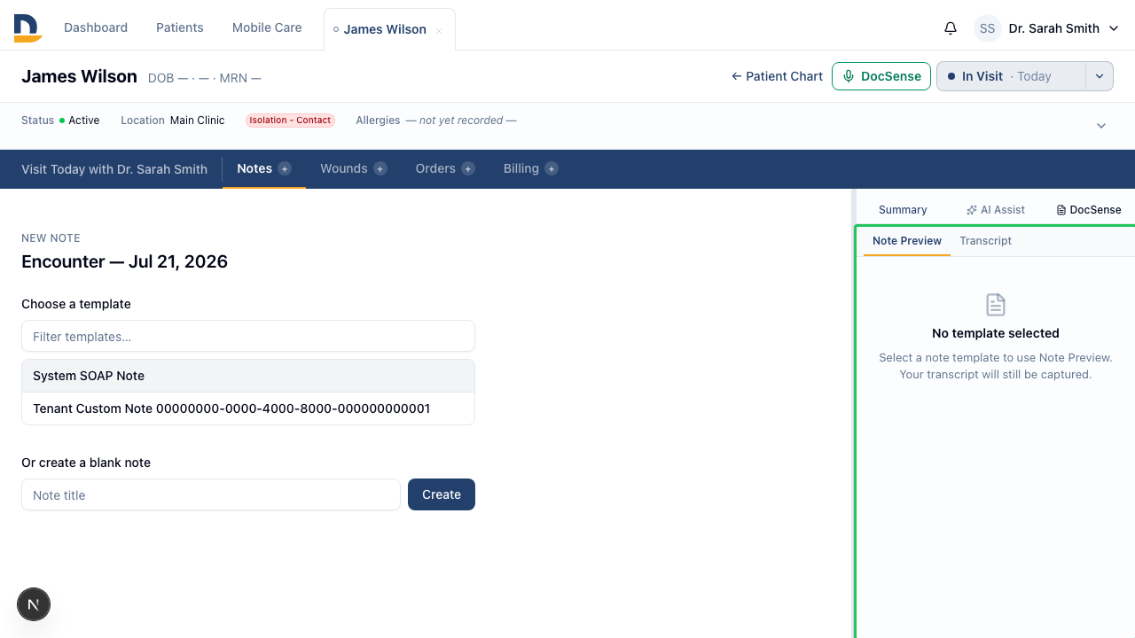 Clicking DocSense opens the panel in the note editor — showing Note Preview (AI-proposed content) and Transcript (chronological dictation turns) as two tabs side by side.