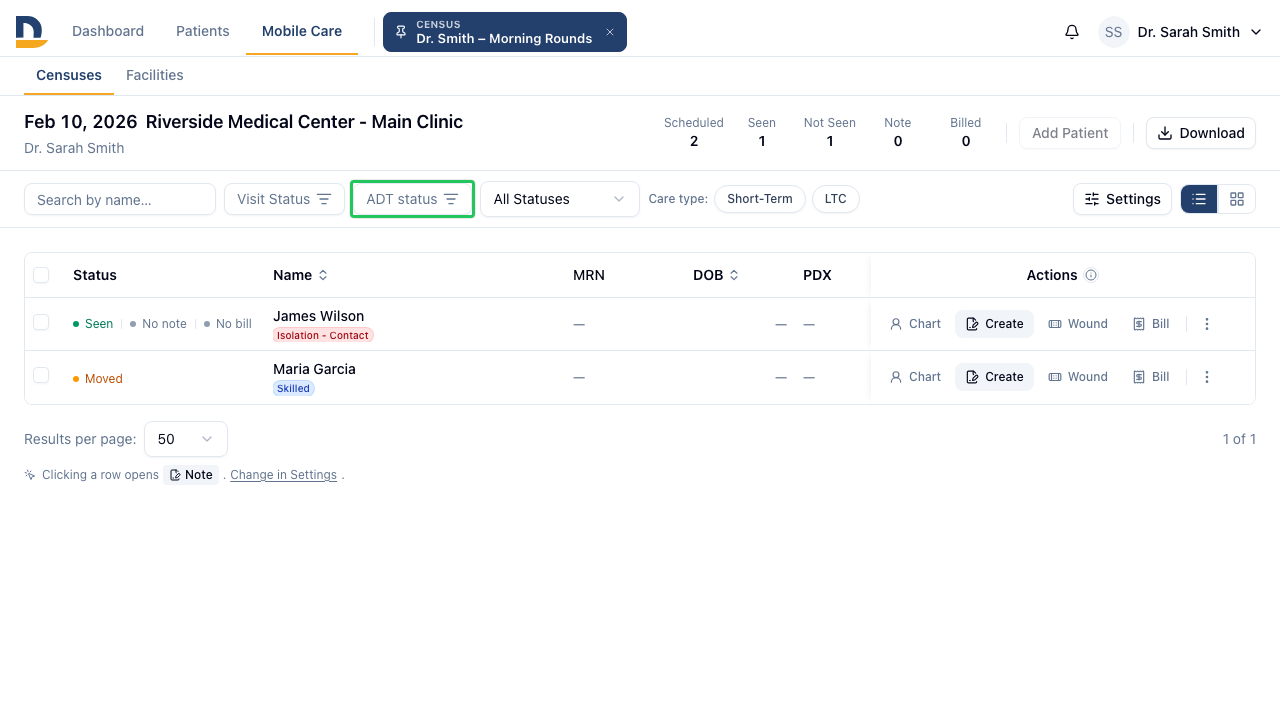 The census opens with all patients visible. The new ADT Status filter button sits above the table — ready to narrow by discharge or transfer status.