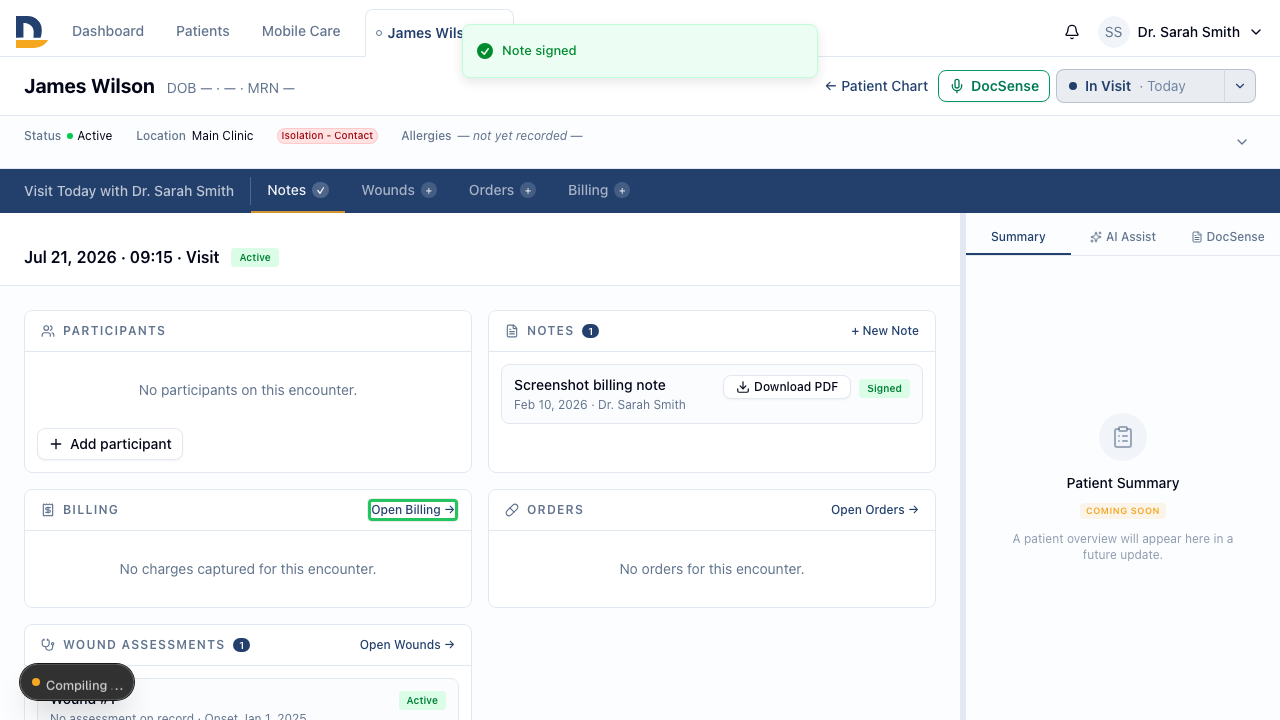 After signing the note, the encounter summary surfaces a billing link. Clicking it opens the charge slip pre-loaded with the template's context.