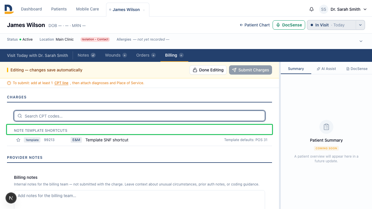 The CPT picker opens with a dedicated Note Template Shortcuts section at the top — one tap submits the template's charge without scrolling past personal or company favorites.