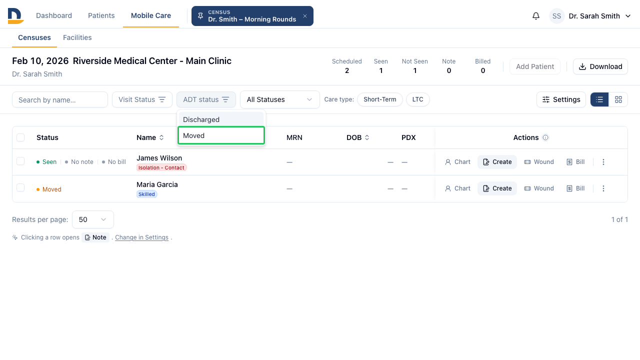 Clicking ADT Status opens a dropdown with options for Admitted, Moved, and Discharged. Select Moved to surface only patients who have been transferred.