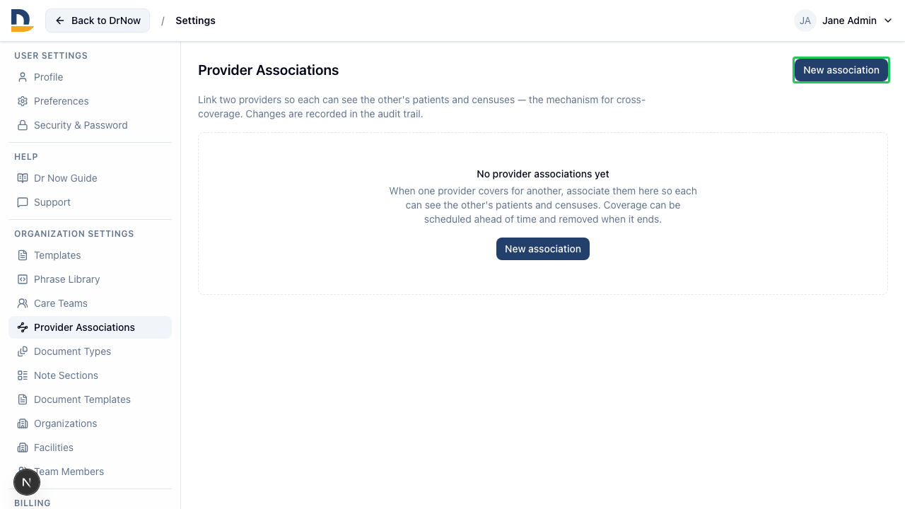 The Provider Associations page under Organization Settings lists all configured cross-coverage links. Admins add new ones with the button at the top right.