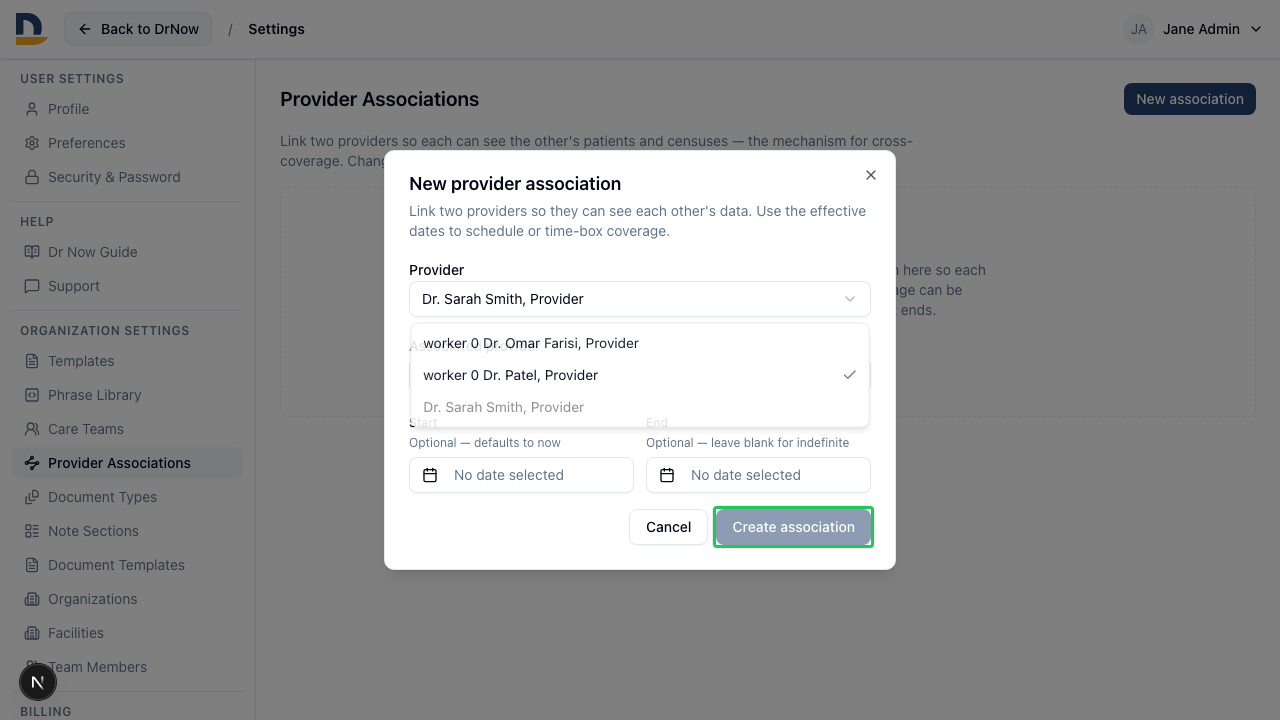 The New Association form lets you select two providers from the directory. Associations are mutual — both providers gain visibility into each other's coverage.