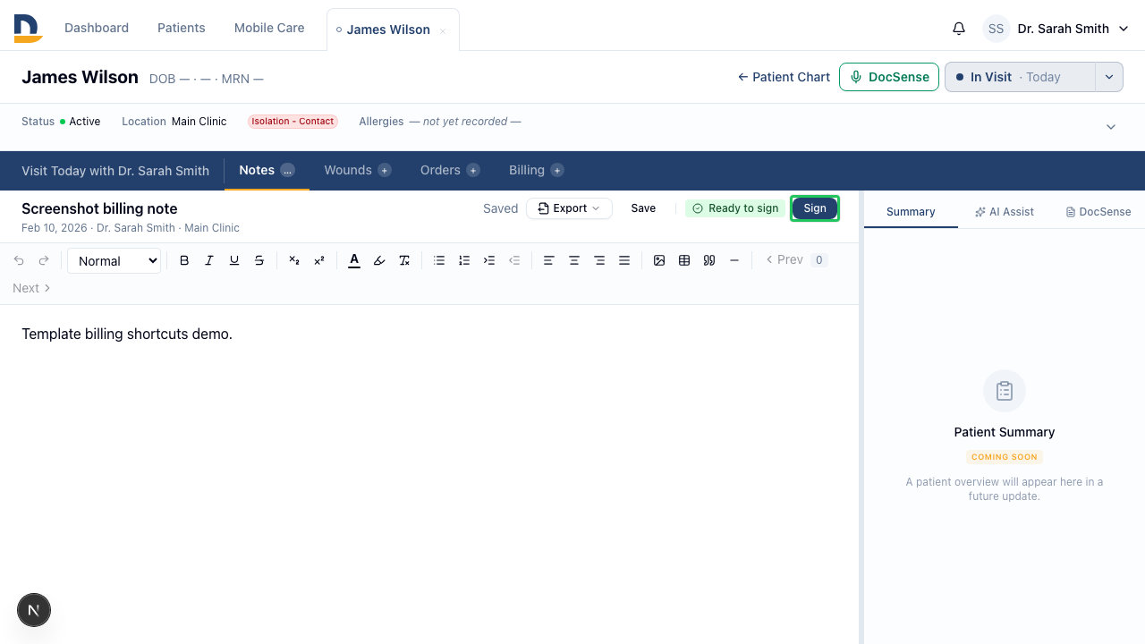The note editor shows a template-backed note ready to sign. Templates can carry CPT shortcuts that surface automatically in the charge slip after signing.