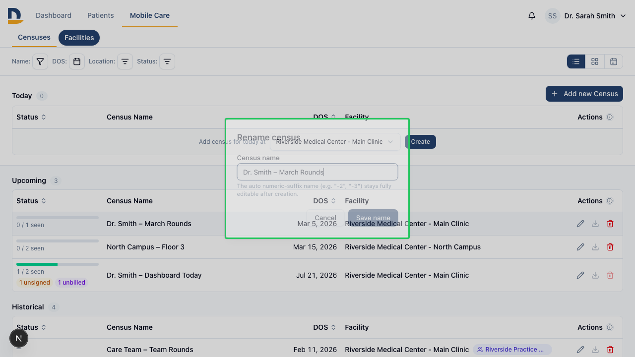 Rename any census from the row actions — clinical data is preserved.