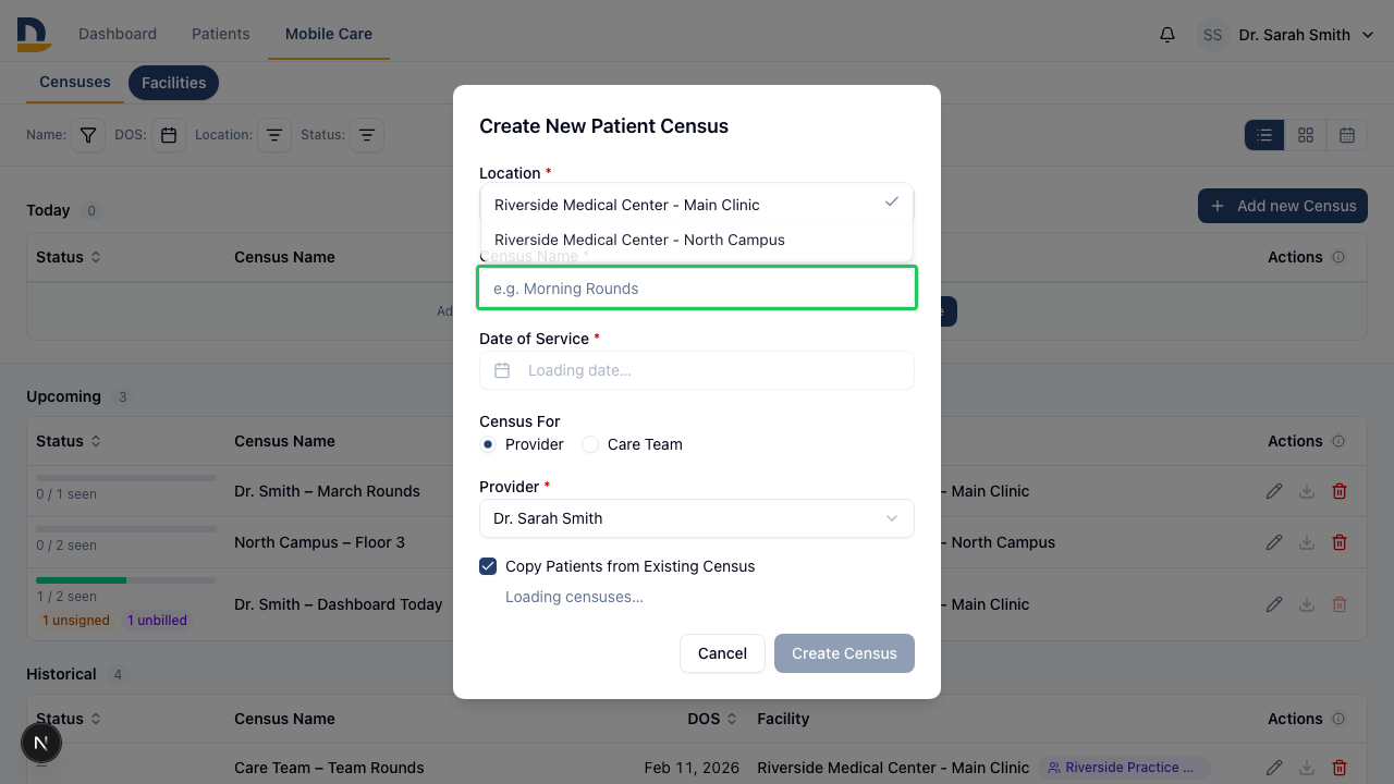 Pick a prior round to pre-populate its patients when creating today's census.