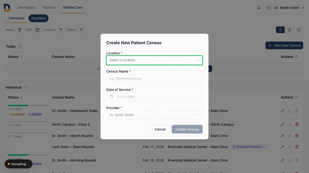 The Create Census window — choose a facility, name the round, and set a date. Today is pre-filled.