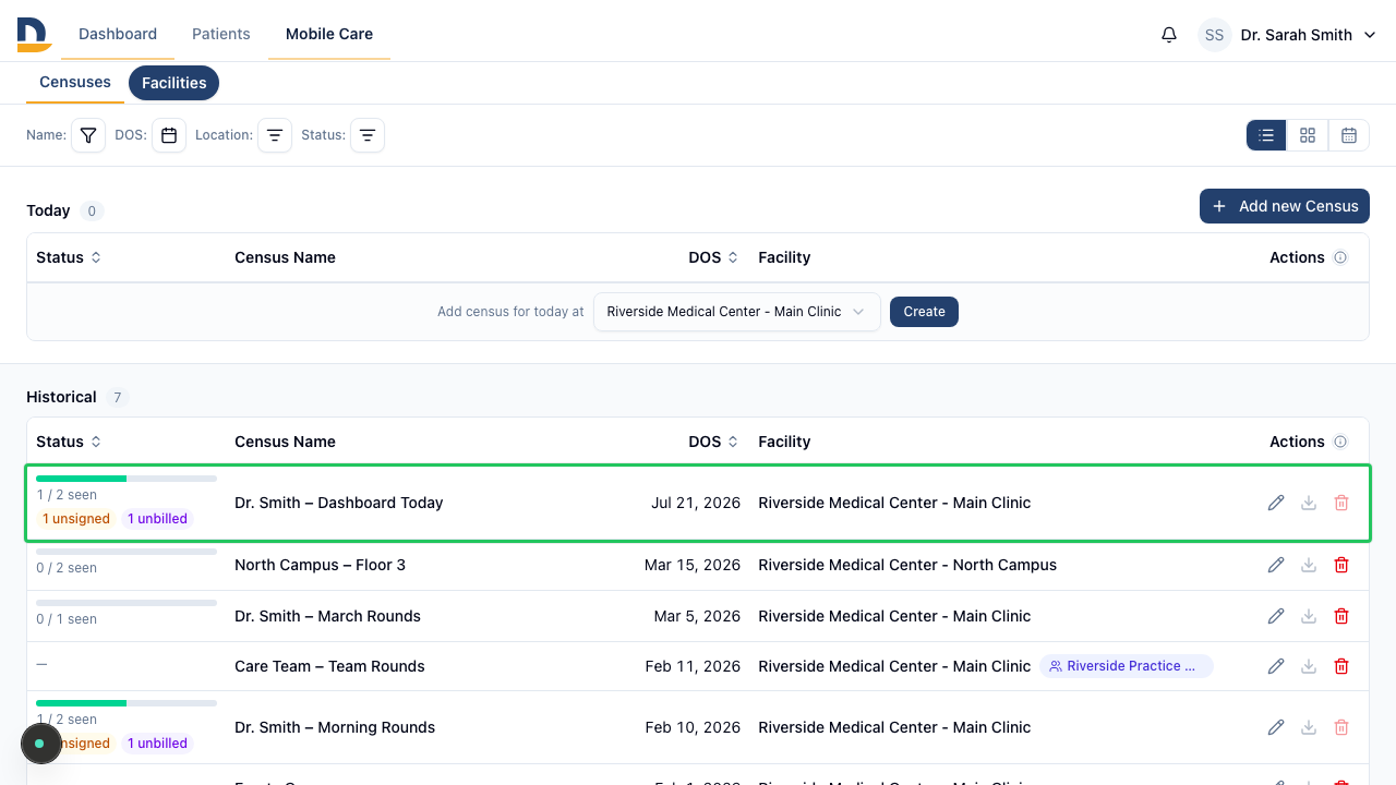 Two censuses at the same facility on the same day — each with its own name, patient count, and status.