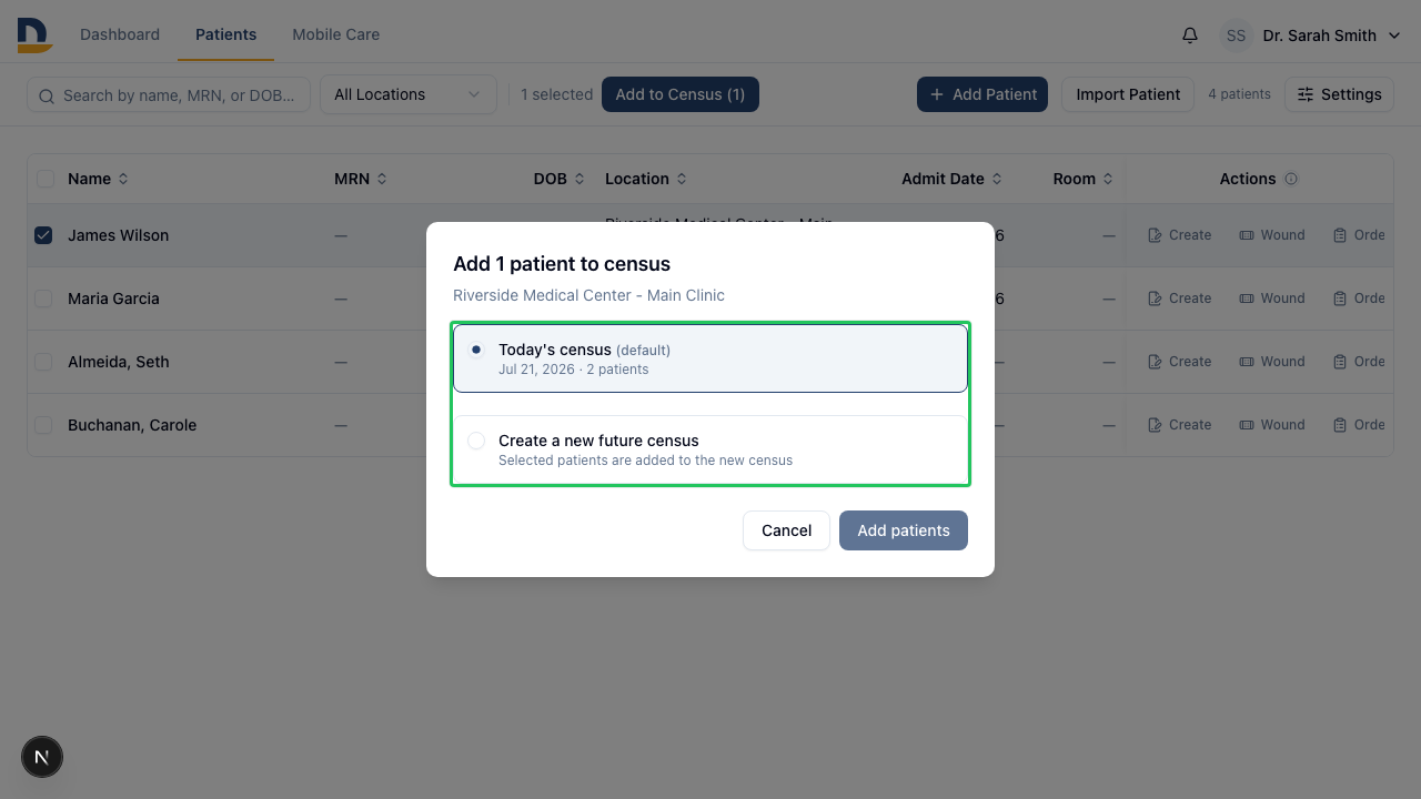 Select patients from the Patients list and click Add to Census.