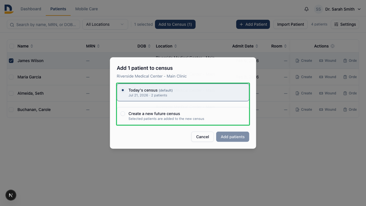 The Select Census window opens pre-set to today's active round — switch to any other census or create one.