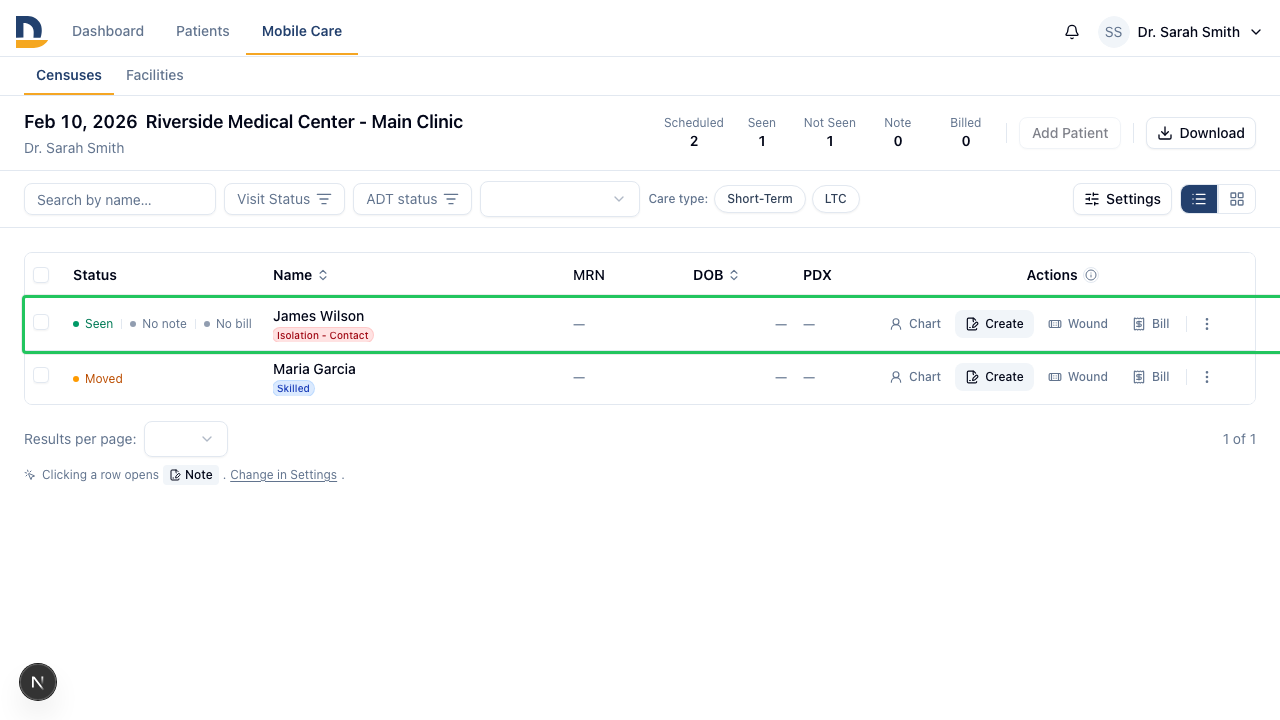 Table view — the full patient roster with sortable columns.