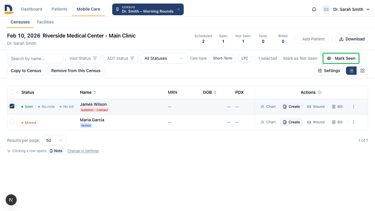 Mark multiple patients Seen at once — faster than tapping each row individually.