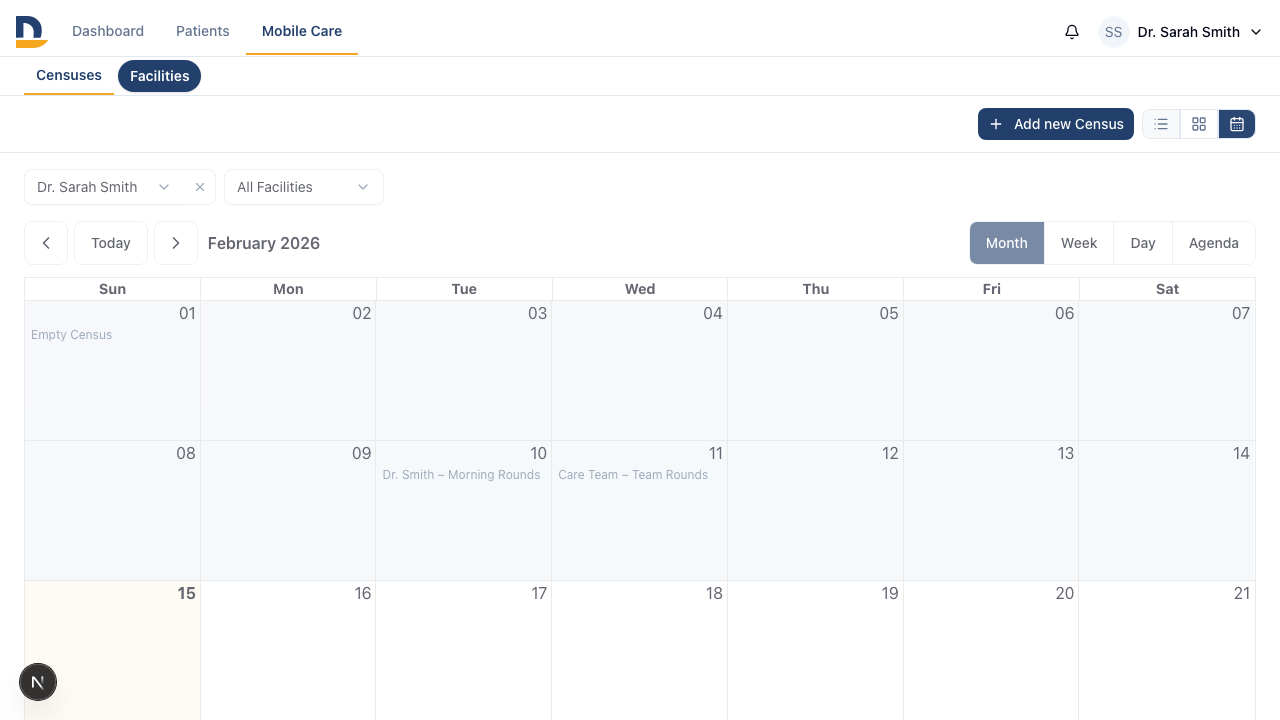 Calendar view — your rounding schedule across month, week, day, or agenda.