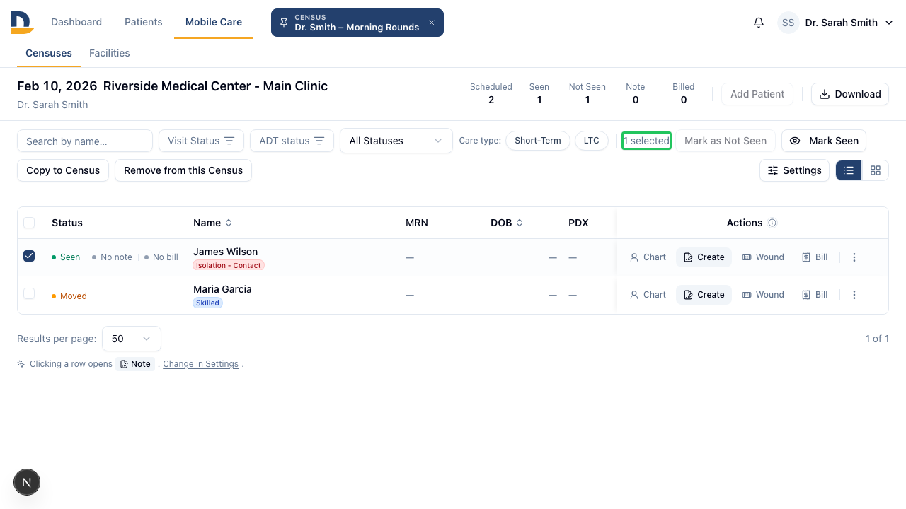 Checking a row slides in the bulk action toolbar, showing how many patients are selected and the available actions.