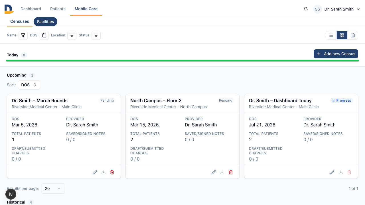 Card view shows each patient as a card — a more visual layout that trades column density for readability.