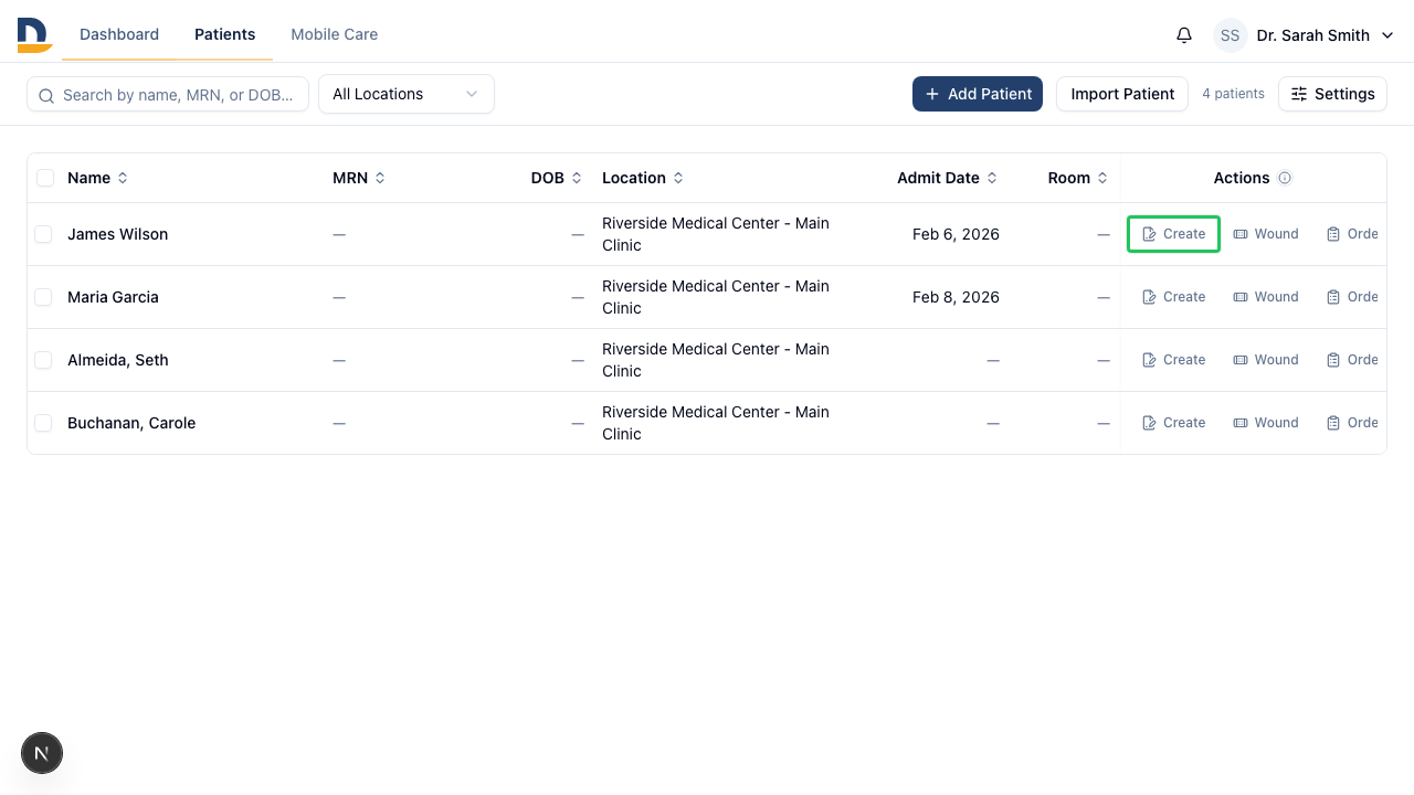 Each patient row shows the current state of their Note, Wound, and Billing items — blank means nothing started, draft means in progress, check means complete.