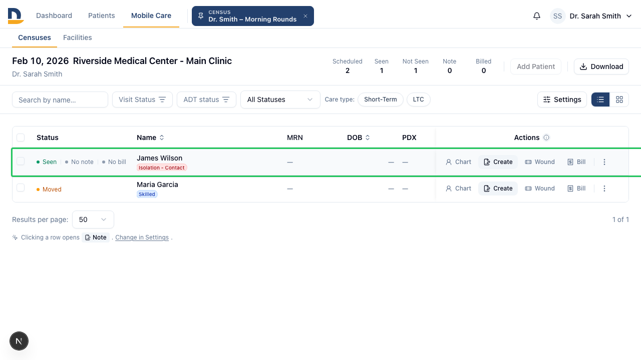 The patient details panel — update room number and encounter fields without opening the full chart.