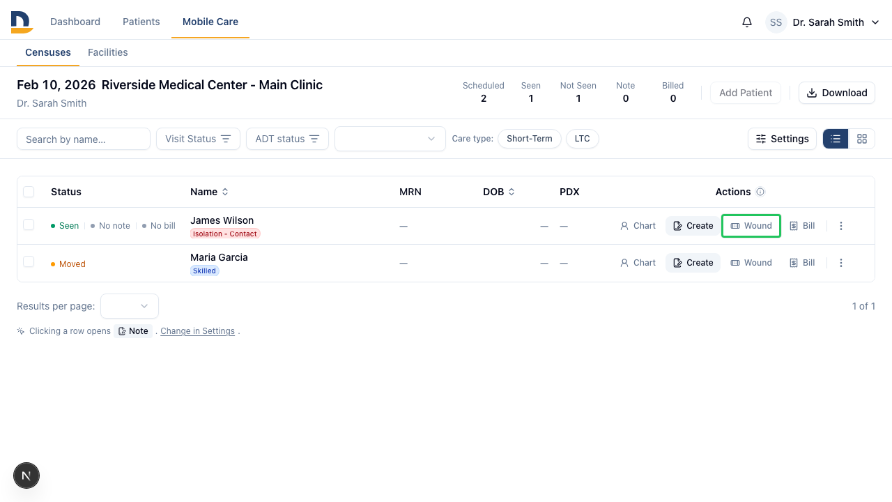 For patients with active wound assessments, the wound button opens wound management directly — no chart navigation required.