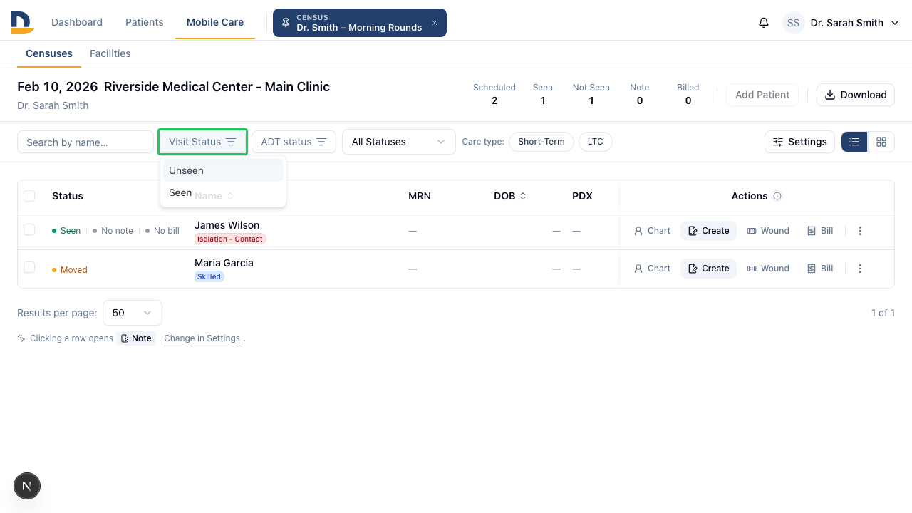 All three options — Seen, Not Seen, Unknown — are visible at once. Filters remain applied when you navigate between patients.