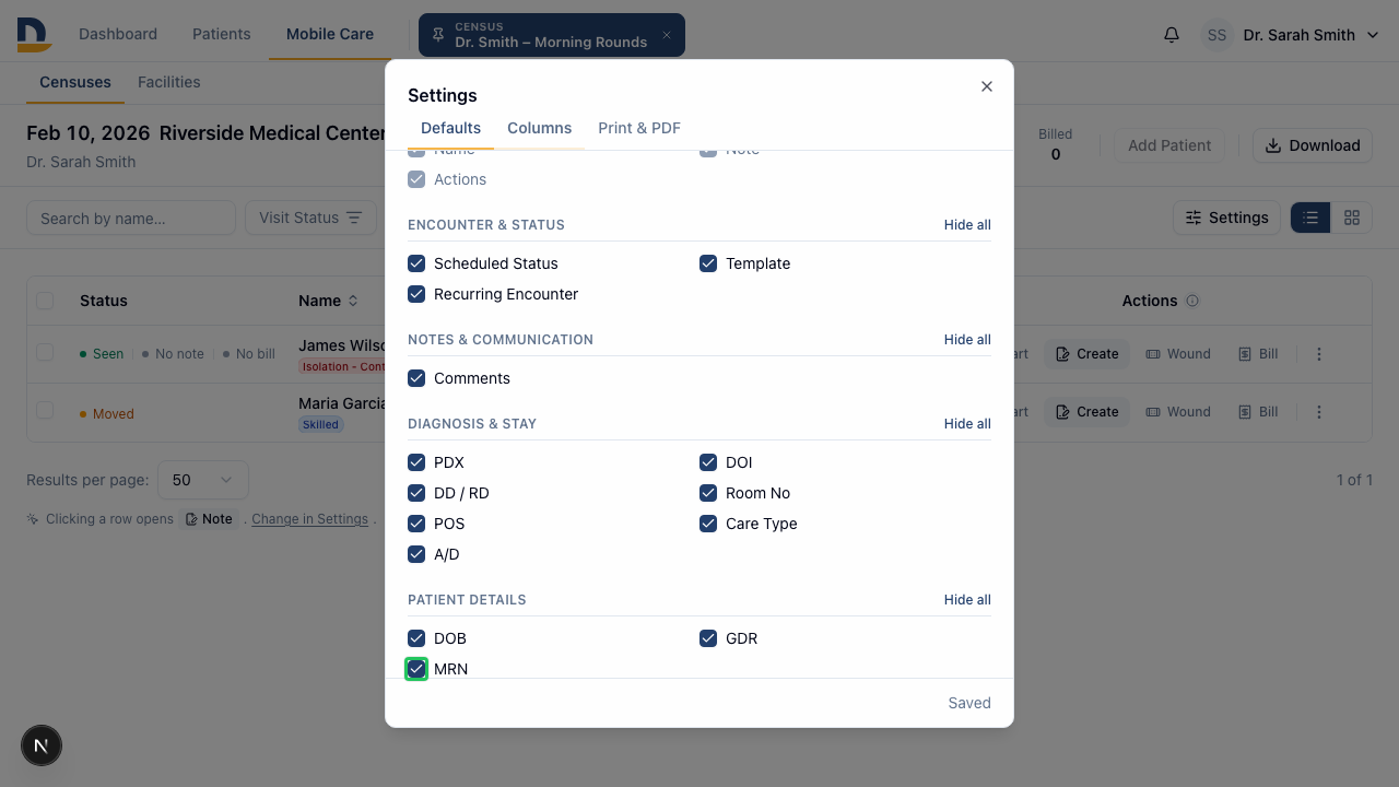 Toggle which columns appear in the table — choices are saved per user and persist across all censuses and devices.