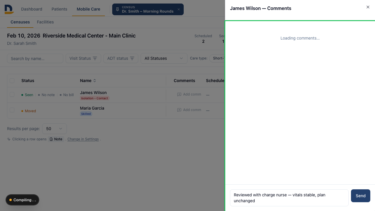 The comment panel opens inline — leave context for teammates about visit status, planned actions, or follow-ups.