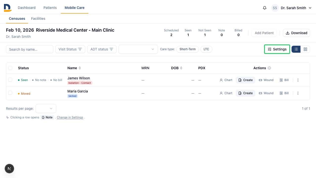 The Settings button in the census toolbar opens preferences — including column visibility.