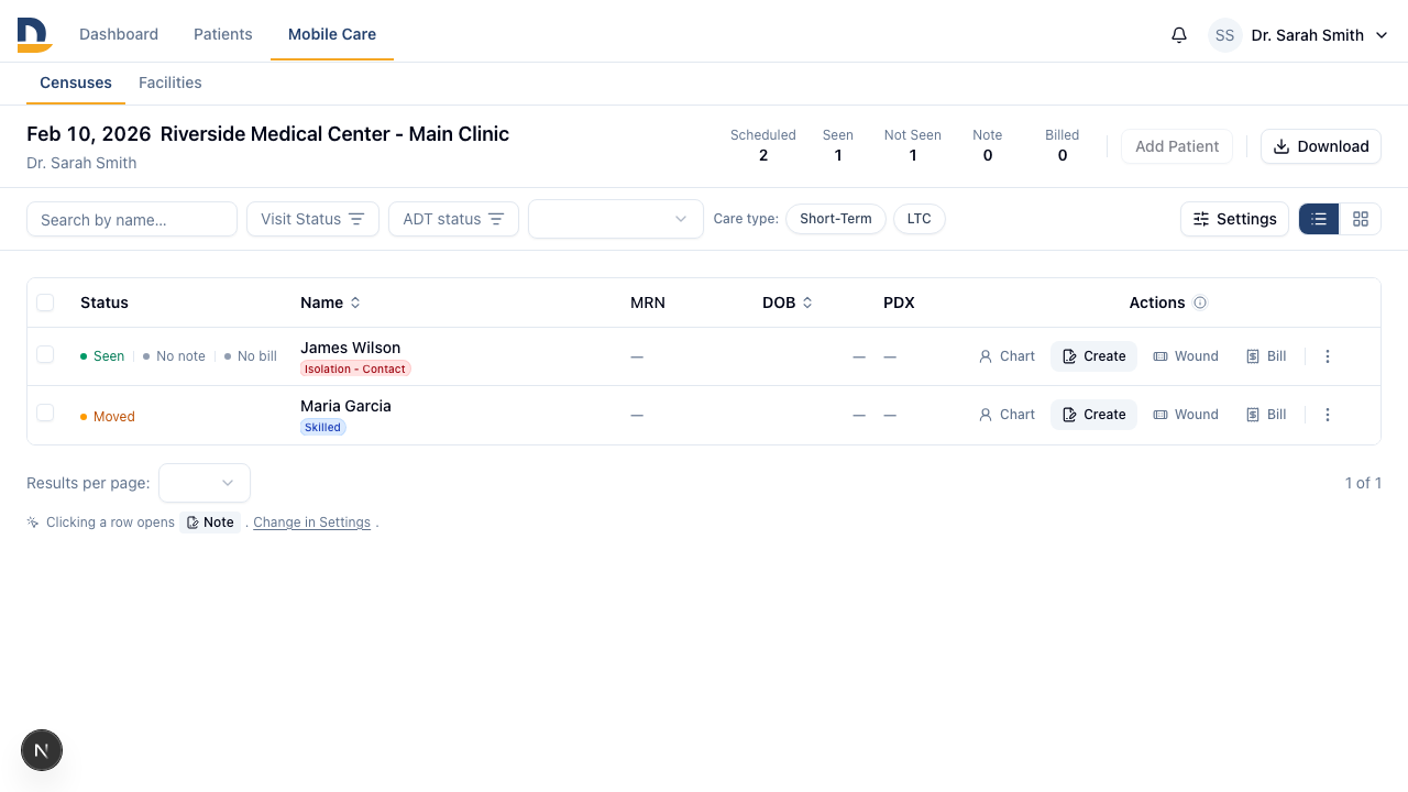 Each patient row has a comment button — click it to open the thread for that patient without leaving the census.